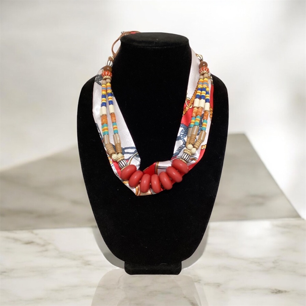 (#112) Colorful Beaded Necklace with Red Accents